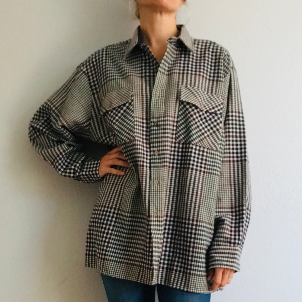 Wool Plaid Button Down Shirt Jacket